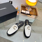 CC 25 Mule Black White Calfskin Large Double C Logo