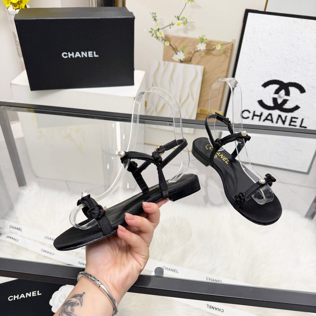 CC 2026 Pearl Sandal Black Satin Leather 692022