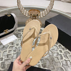 cc thongs beige silver calfskin silk