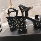 CC 25C 10CM Mid Heed Sandals Black Fabric 213324