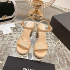 CC 25C 10CM Mid Heed Sandals Cream Fabric 213326