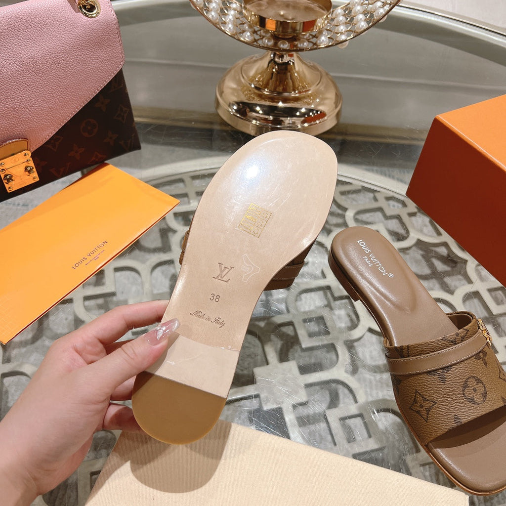 lv sandal isola flat mule brown monogram calfskin