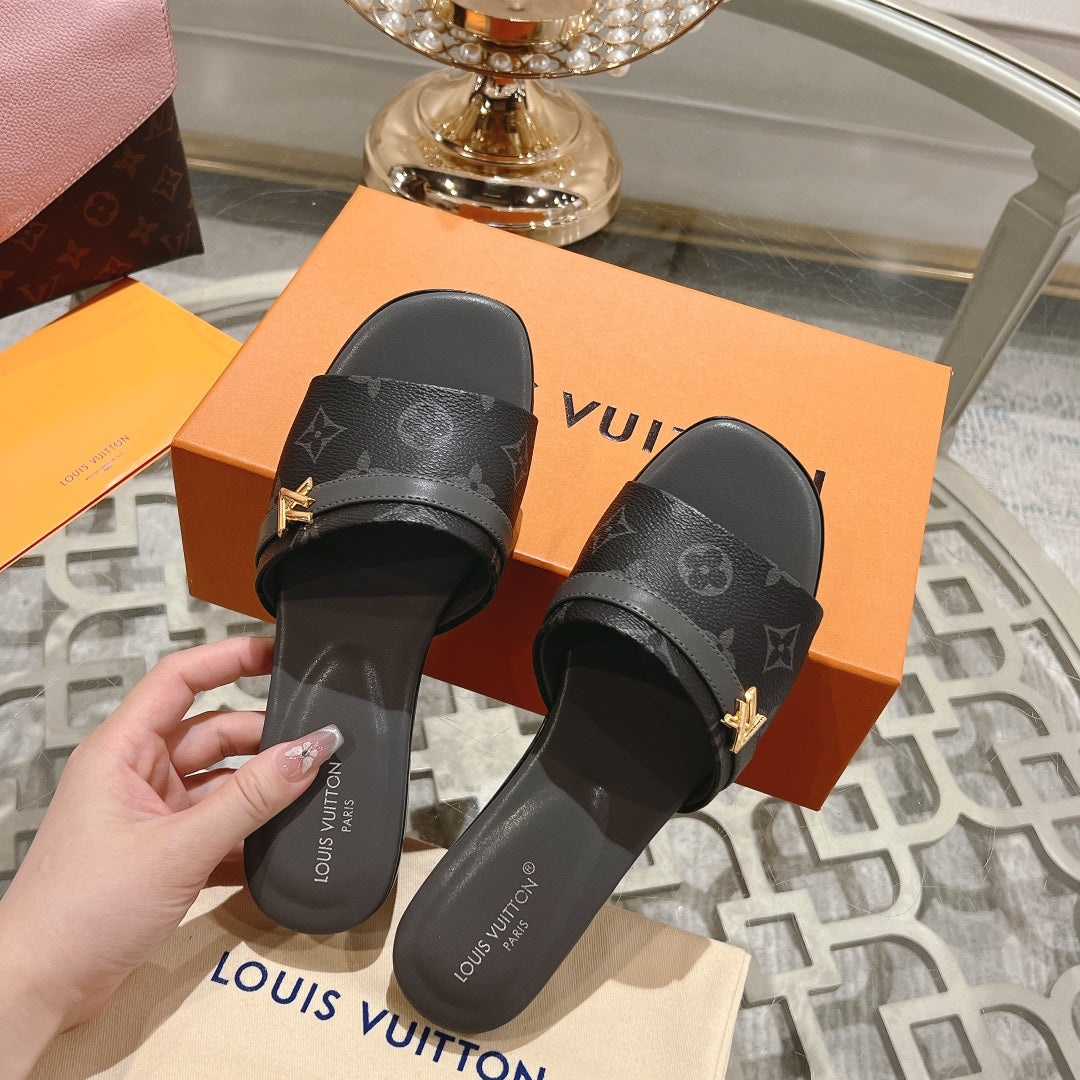 lv sandal isola flat mule black monogram calfskin