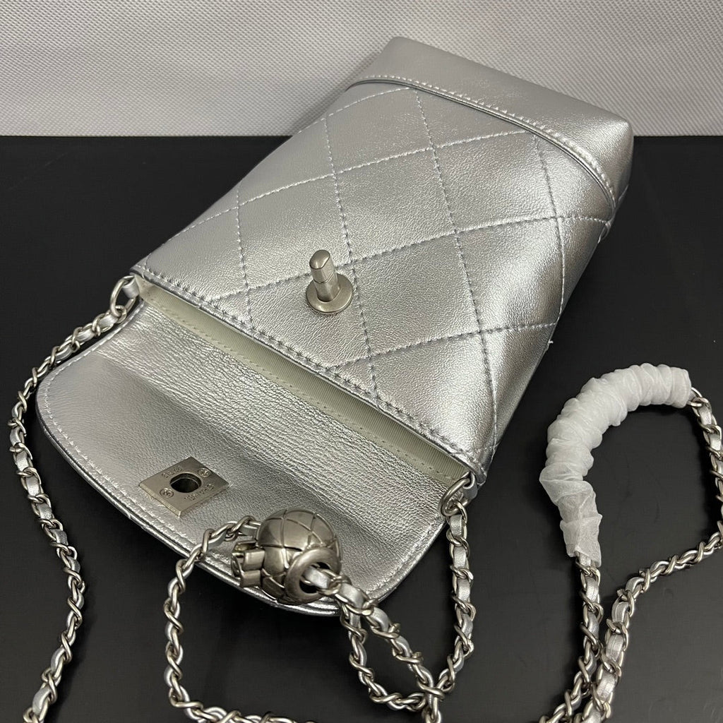 CC Phone Holder Bag 17cm Sliver Metalic Leather