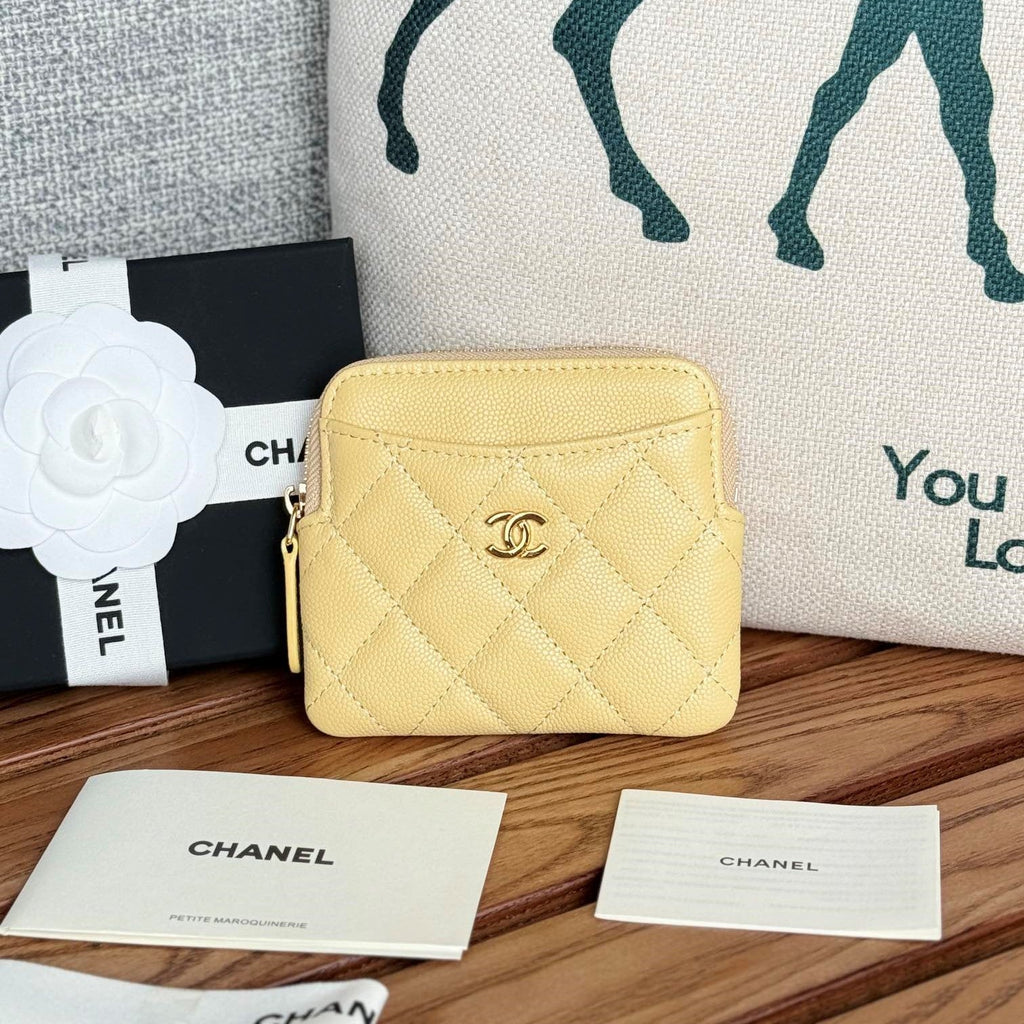 CC Zip Card Holder Wallet Yellow Gold Metal Caviar 240601