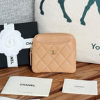 CC Zip Card Holder Wallet Beige Gold Metal Caviar 240603