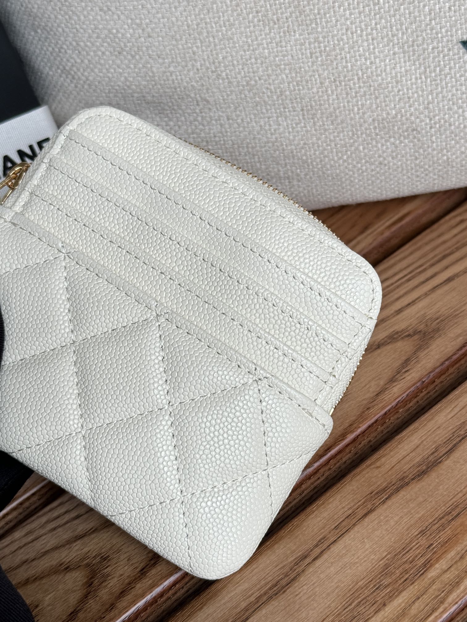 CC Zip Card Holder Wallet White Gold Metal Caviar 240607