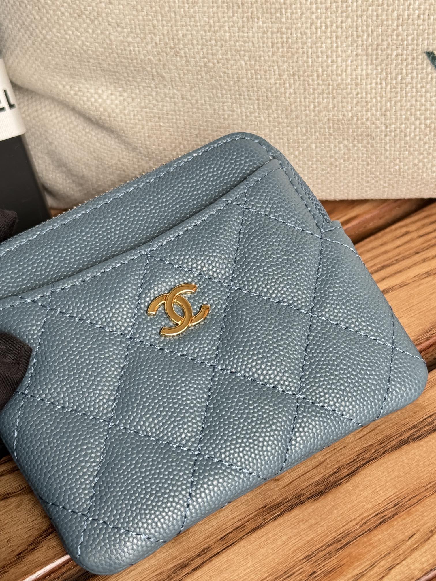 CC Zip Card Holder Wallet Blue Gold Metal Caviar 240611