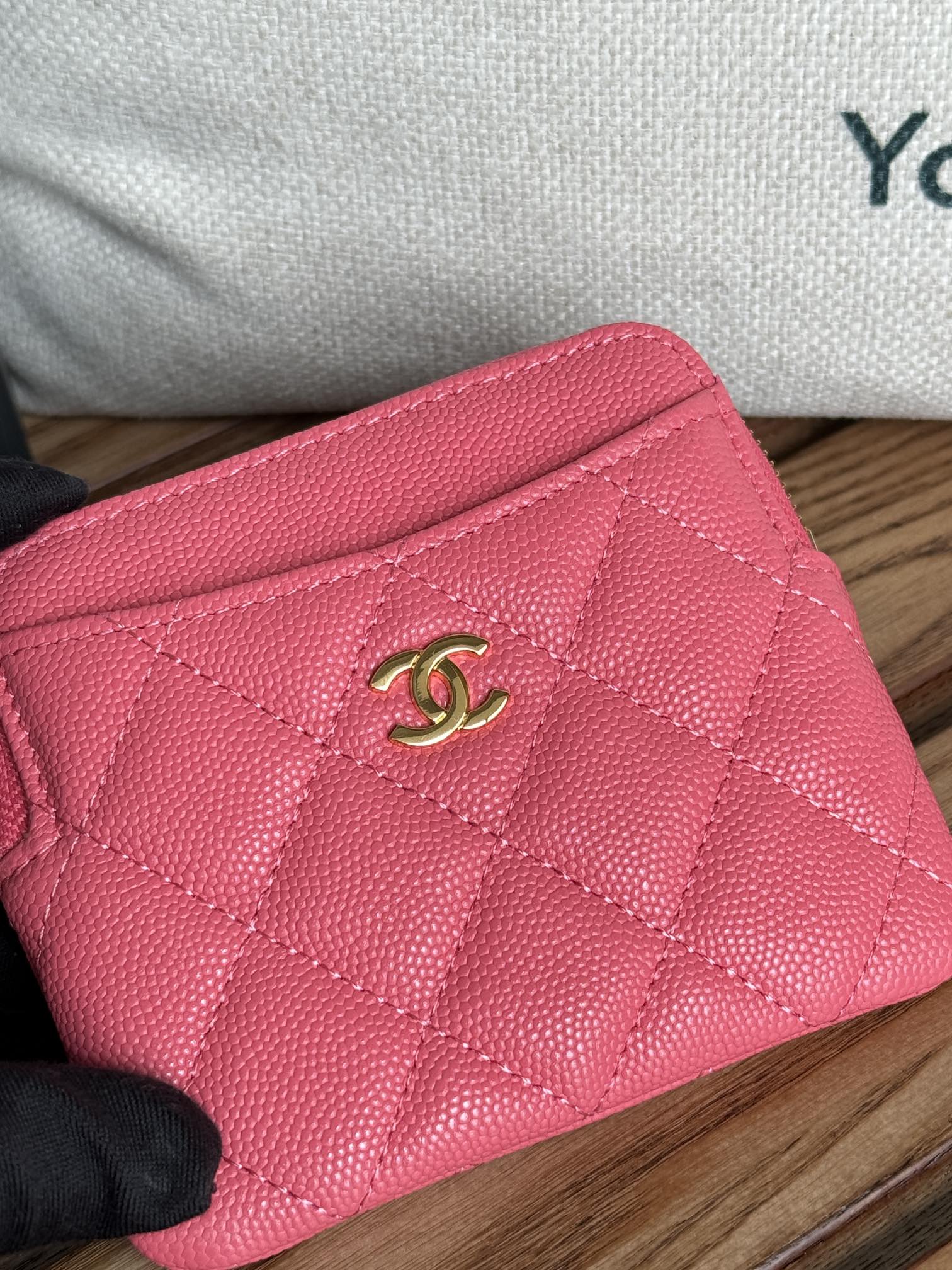 CC Zip Card Holder Wallet Pink Gold Metal Caviar 240613