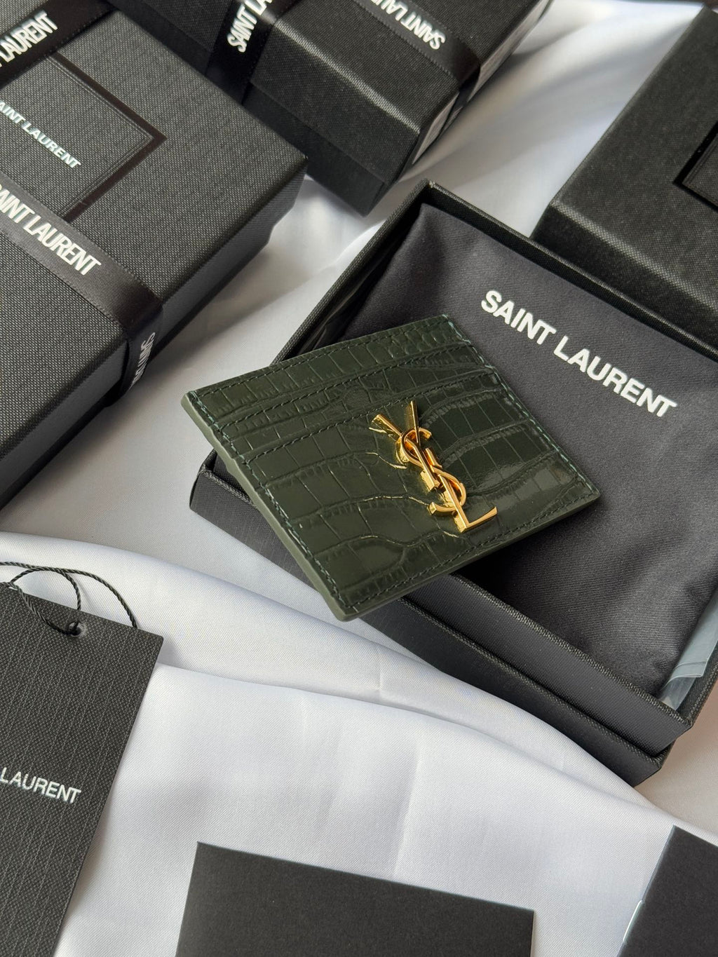 YSL Card Holder 10cm Wallet Dark Green Gold Crocodile Leather 240561