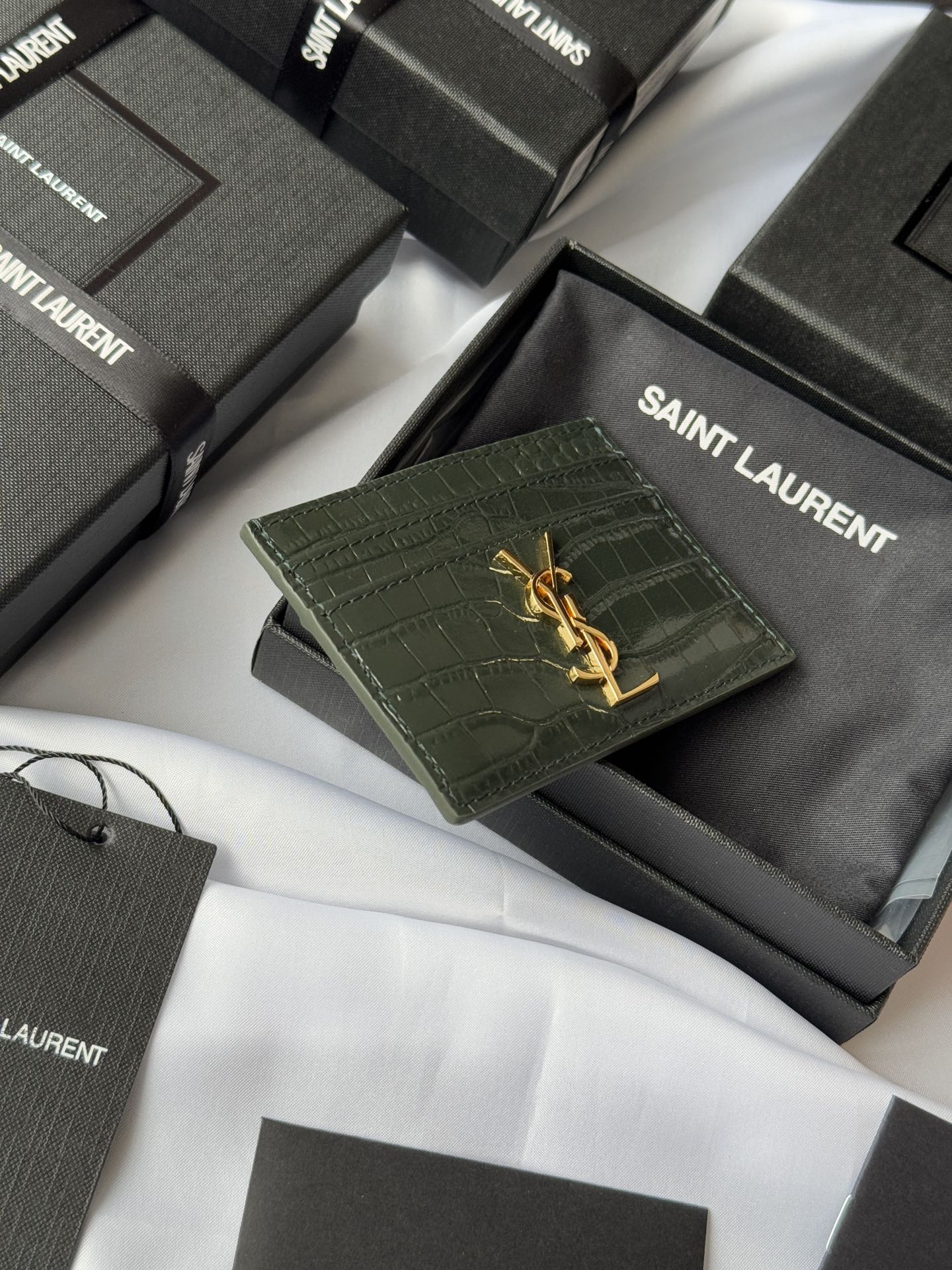 YSL Card Holder 10cm Wallet Dark Green Gold Crocodile Leather 240561