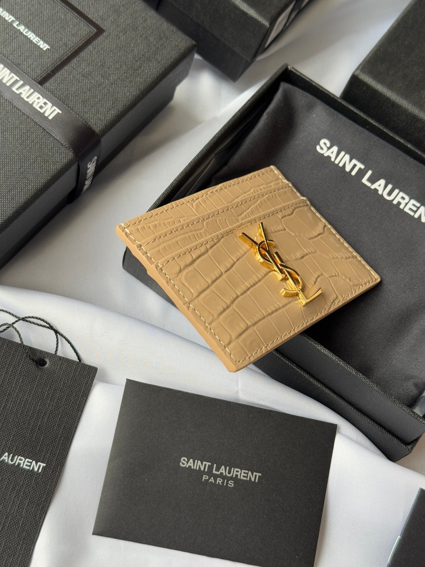 YSL Card Holder 10cm Wallet Beige Gold Crocodile Leather 240555