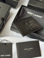 YSL Card Holder 10cm Wallet Full Black Crocodile Leather 240552
