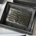 YSL Card Holder 10cm Wallet Full Black Crocodile Leather 240552