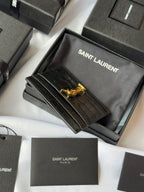 YSL Card Holder 10cm Wallet Black Gold Crocodile Leather 240550