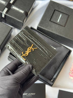 YSL Card Holder 10cm Wallet Black Gold Crocodile Leather 240550