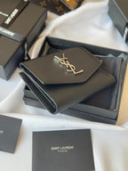 YSL Tri-fold Wallet Black Silver Cowhide 242758