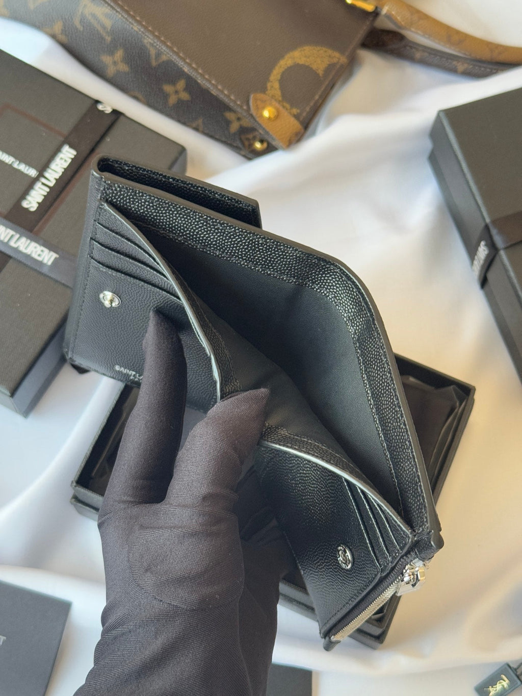 YSL Tri-fold Wallet Black Silver Cowhide 242758