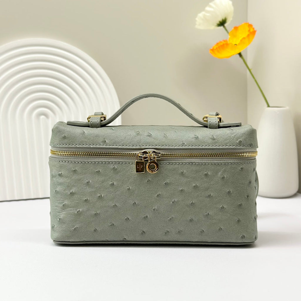 LP Extra Bag 19cm Ostrich Pattern Olive Gray Calfskin Gold Hardware