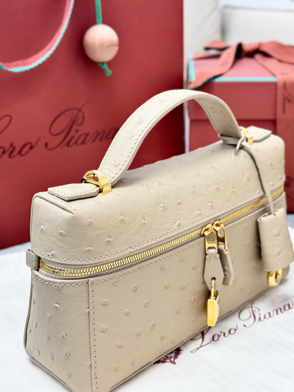LP Extra Pouch L23 Apricot Ostrich Pattern Leather