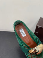 ALAIA BALLET FLATS IN COOL GREEN MESH FISHNET WITH GOLD HARDWARE