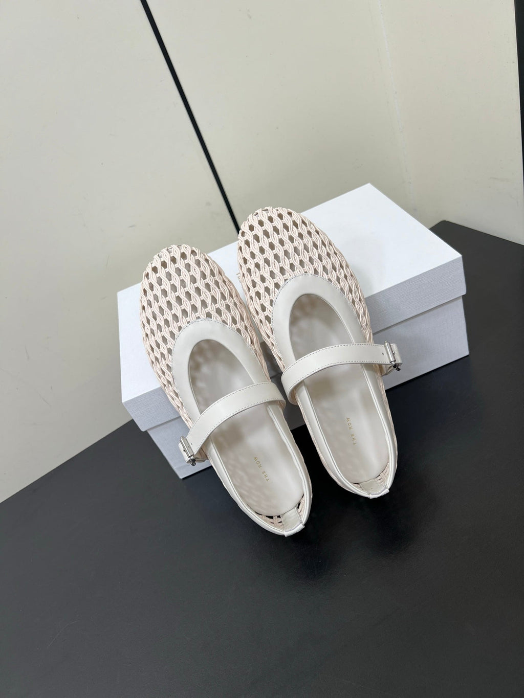 The Row 25ss Mary Jane Flat Light Pink Mesh And Grey Cowhide 340042