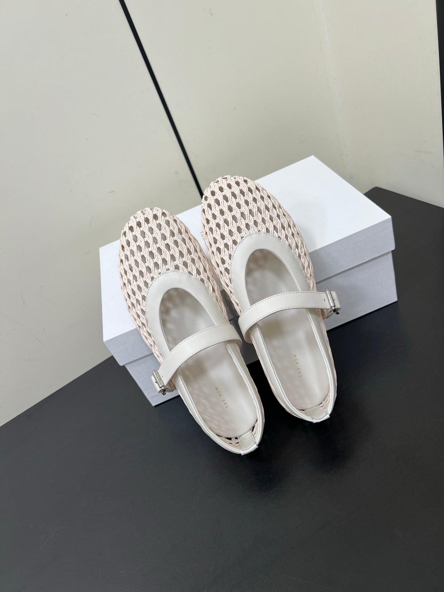 The Row 25ss Mary Jane Flat Light Pink Mesh And Grey Cowhide 340042