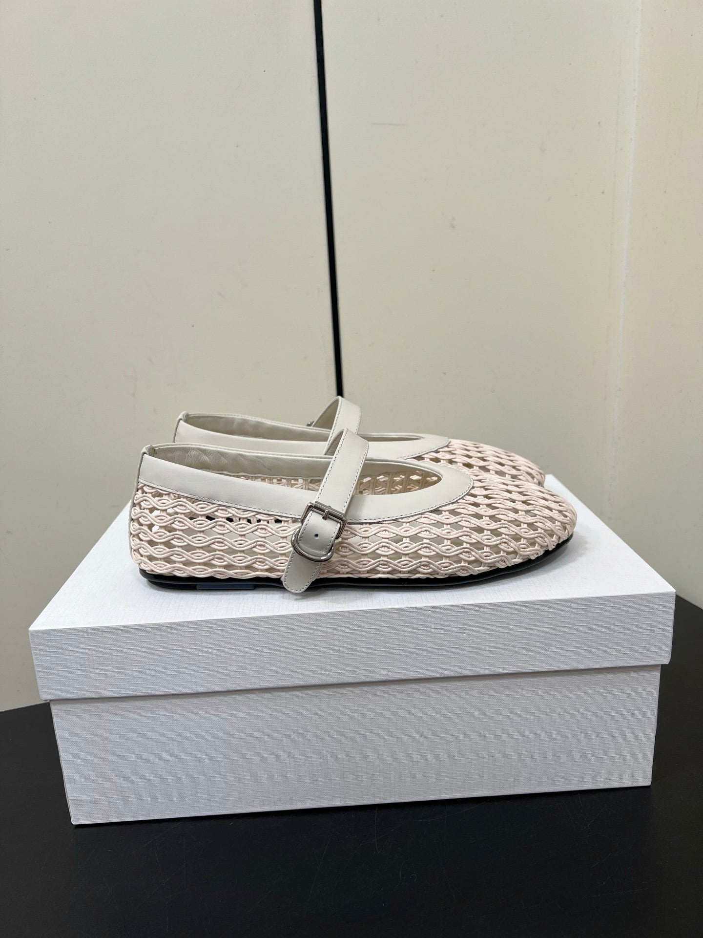 The Row 25ss Mary Jane Flat Light Pink Mesh And Grey Cowhide 340042