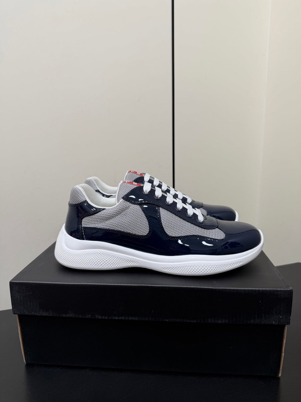 Prada America's Cup Sneaker Black White Patent Leather Mesh 618929