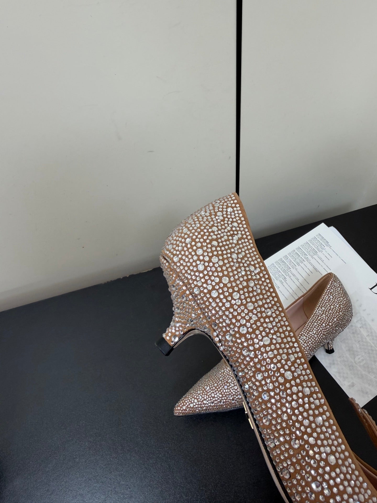 CD Heel Pointed Toe Rhinestone Slingback 3.5 Gold Suede 619566