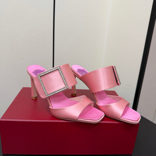 RV Trompette Sandals 8.5cm Black Pink Satin 619599