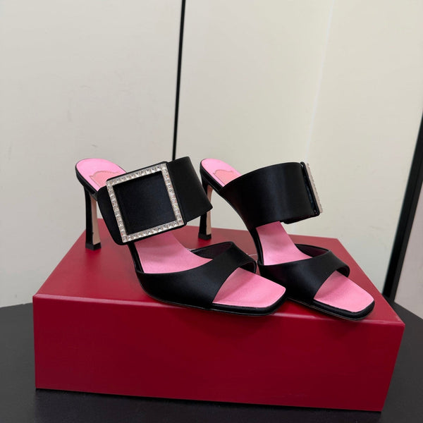 RV Trompette Sandals 8.5cm Black Pink Satin 619600