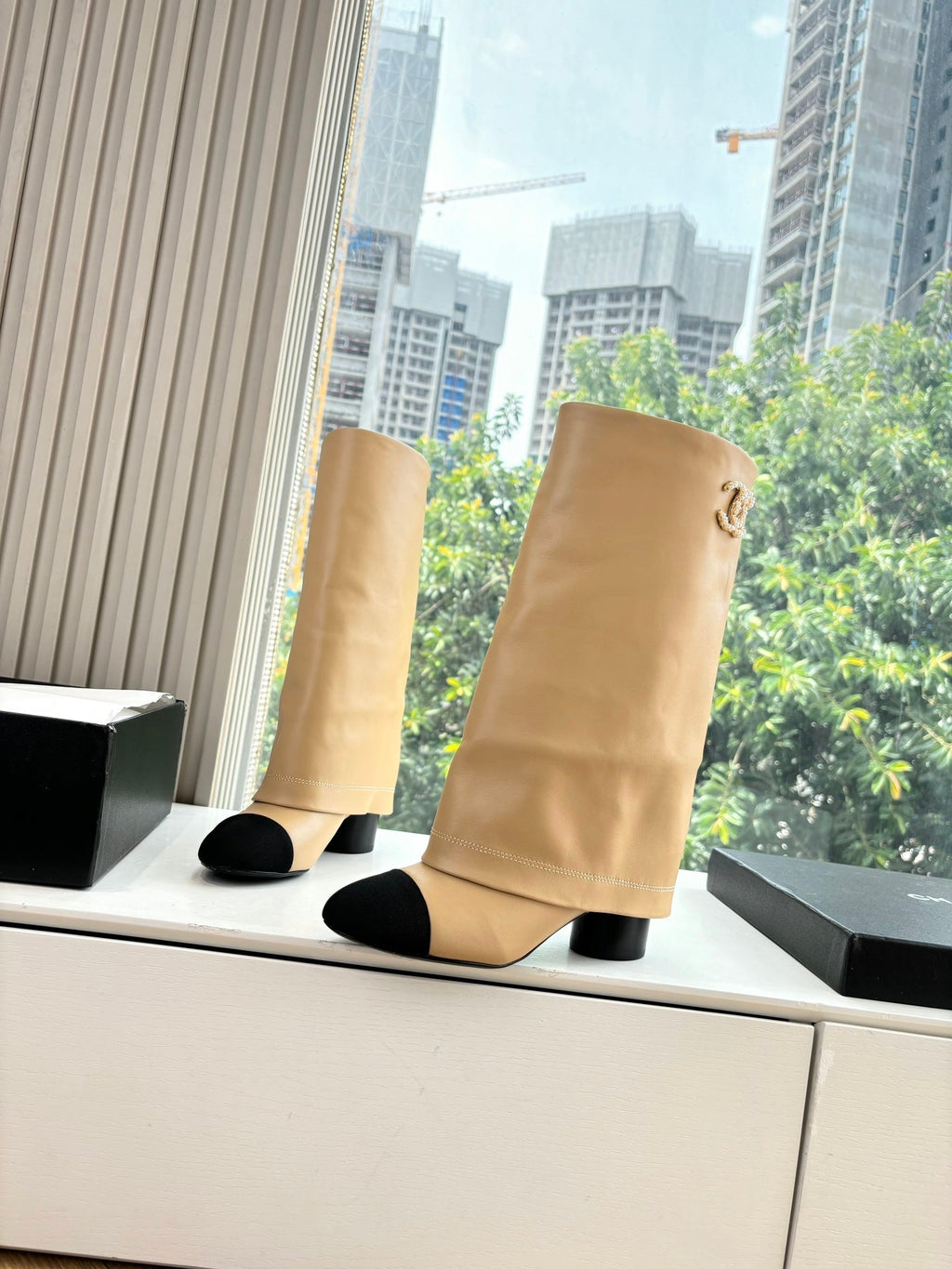 CC 25 High Boot Beige Calfskin Black Grosgrain 430337