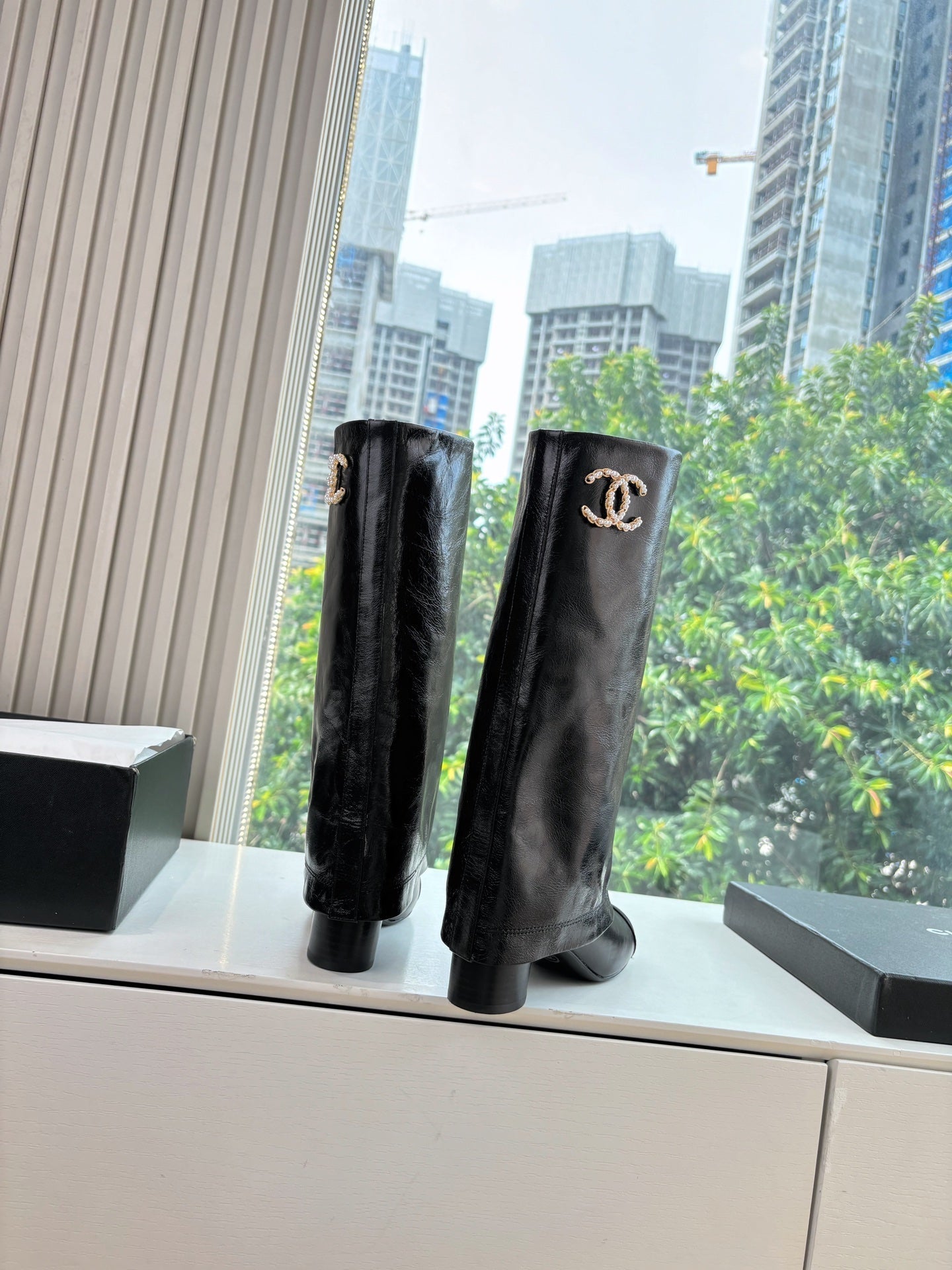 CC 25 High Boot Black Aged Calfskin Grosgrain 430338