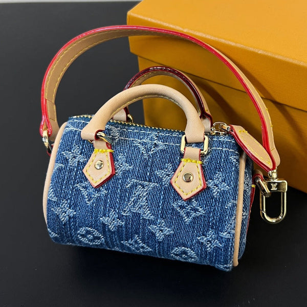 LV Micro Speed Bag Charm Blue Beige Canvas Leather