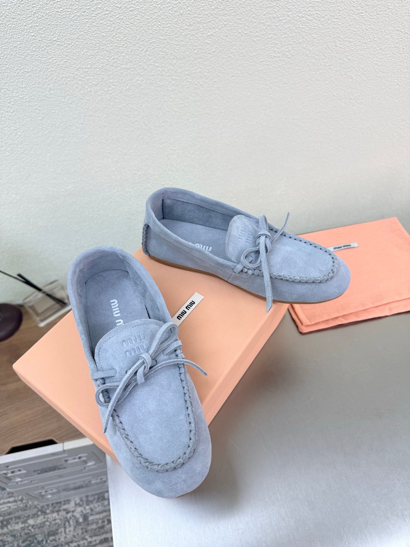 Miu Logo Loafer Light Blue Suede 693516