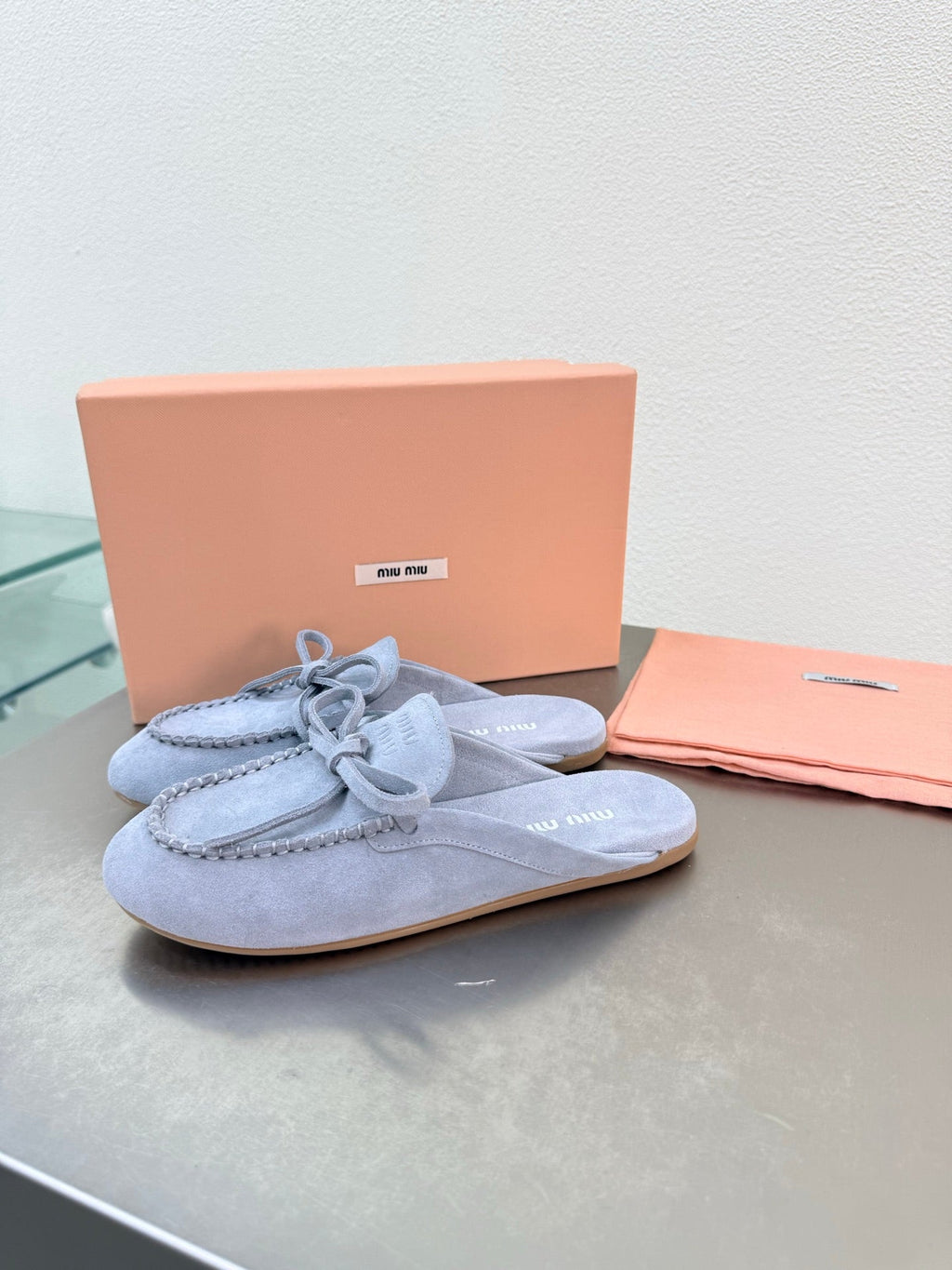 Miu Logo Mule Light Blue Suede 693523