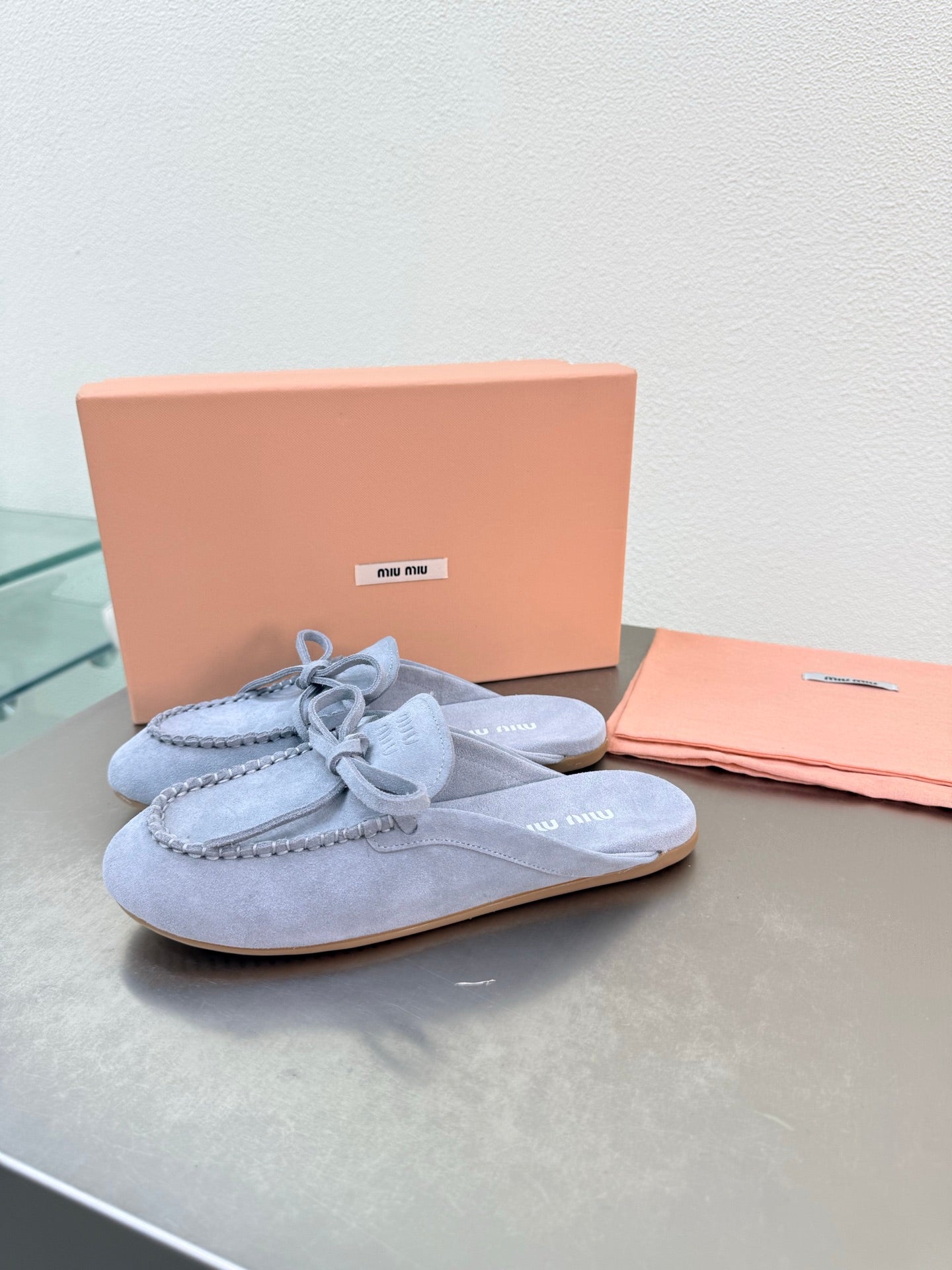 Miu Logo Mule Light Blue Suede 693523