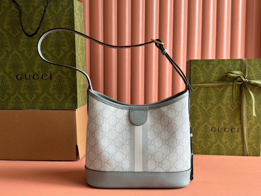 Gucci Ophidia 23cm Bag Gray Blue Canvas Leather 239917