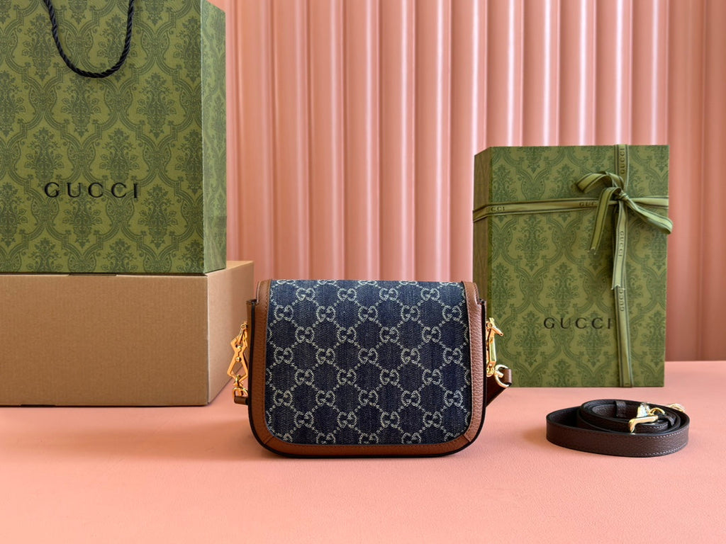 Gucci Horsebit Bag 20cm Blue mix Brown Leather Canvas 244253