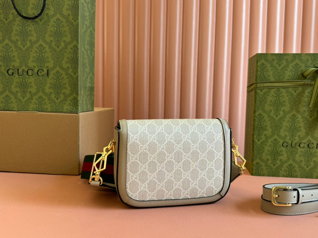 Gucci Horsebit 20.5 Bag Beige mix White Leather Canvas 244257