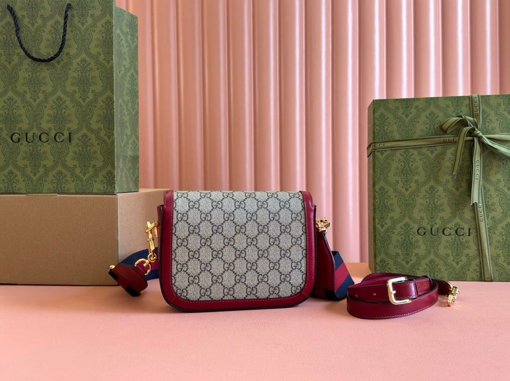 Gucci Horsebit Bag Ebony mix Rosso Ancora Red Leather Canvas 244259
