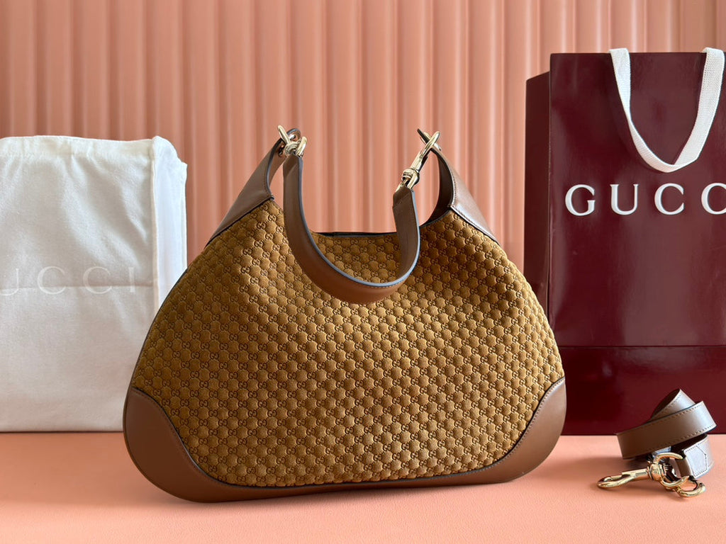 Gucci Body Double Lock Handbag Brown Velvet Embossed Leather 244512