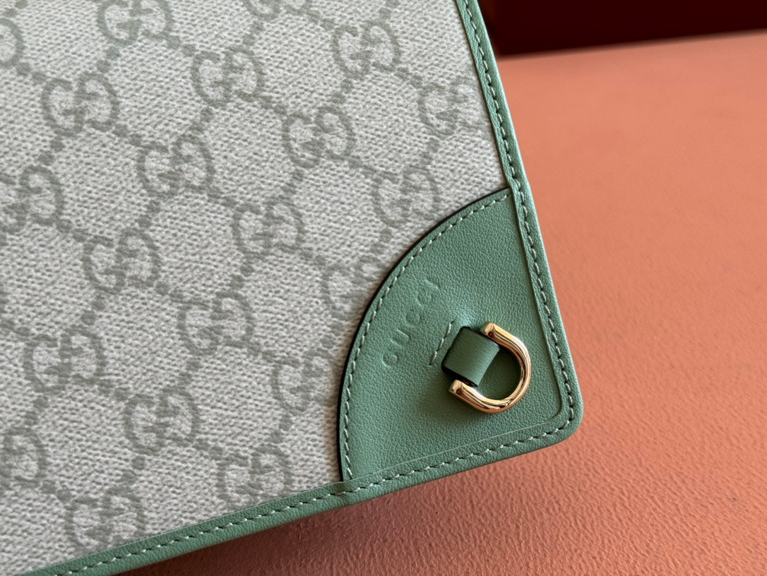 Gucci Emblem Mini Shoulder Bag Beige Green Canvas Leather 244543