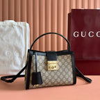 GG Padlock Medium Top Handle Bag Beige Black Leather Canvas