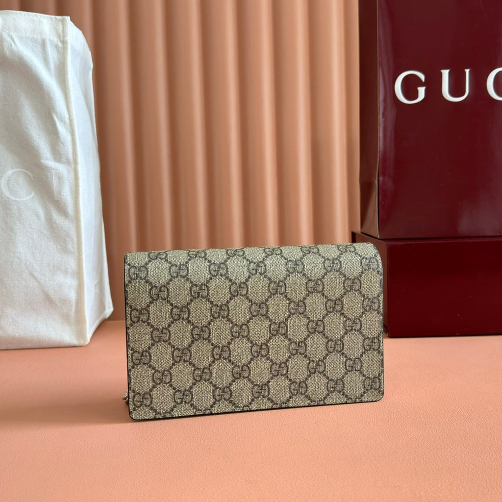 Gucci Marmont Chain Wallet Ebony mix Beige Leather Canvas 255315