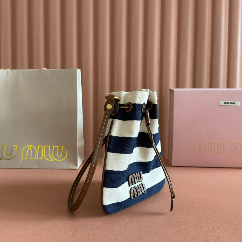Miu Lucky Striped Bucket Bag Black Cream Canvas