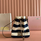Miu Lucky Striped Bucket Bag Black Cream Canvas
