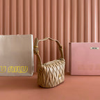 Miu Matelassé Pouch Bag 15cm Light Brown Leather