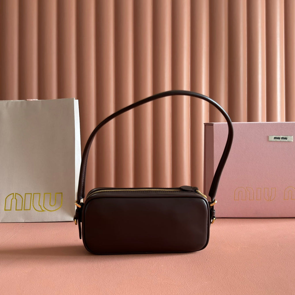 Miu Leather Pouch Bag 20cm Chocolate Leather